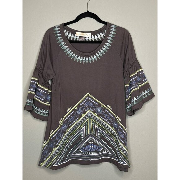 Urban Mangoz Tops - Urban Mangoz Embroidered Geometric Aztec Bell Sleeve Women's Blouse Small